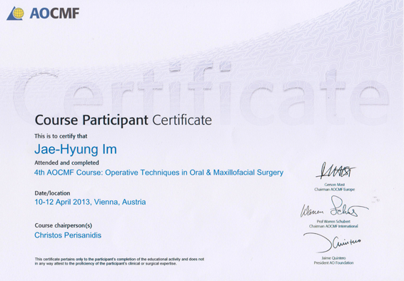 AOCMF course certificate 2013